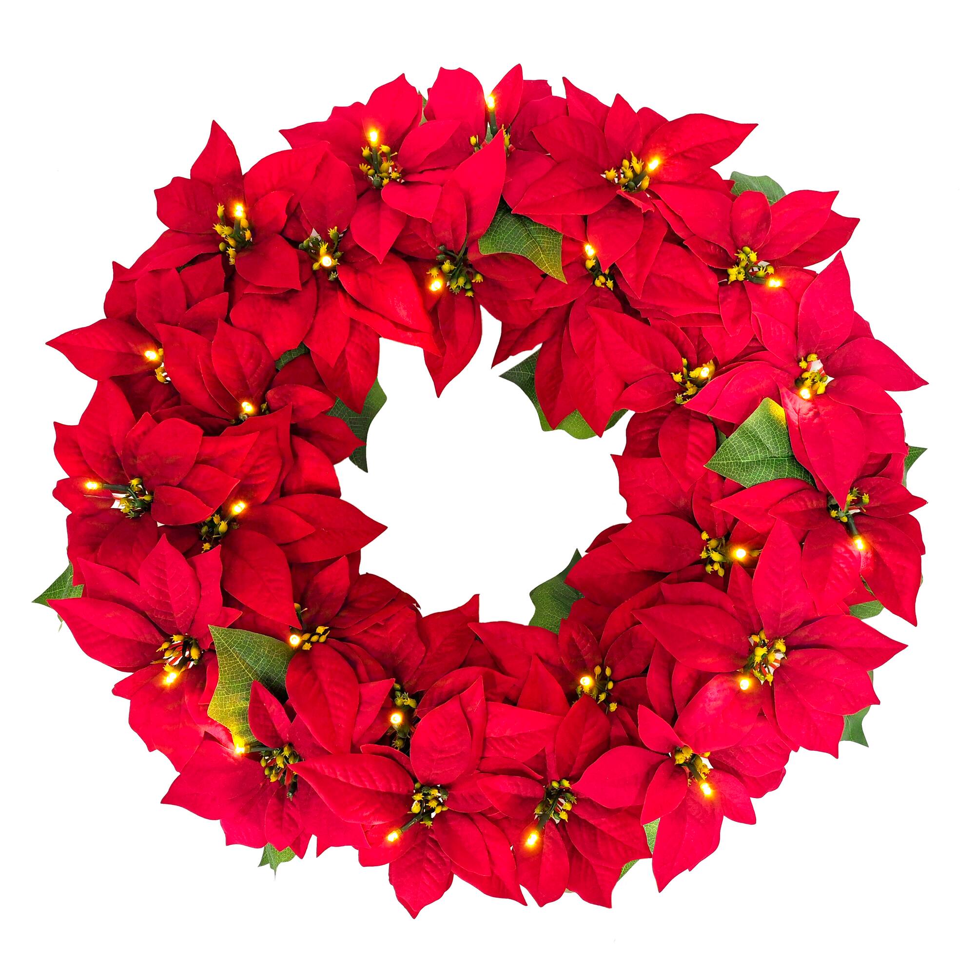 24" Pre-Lit Red Poinsettia Artificial Wreath
